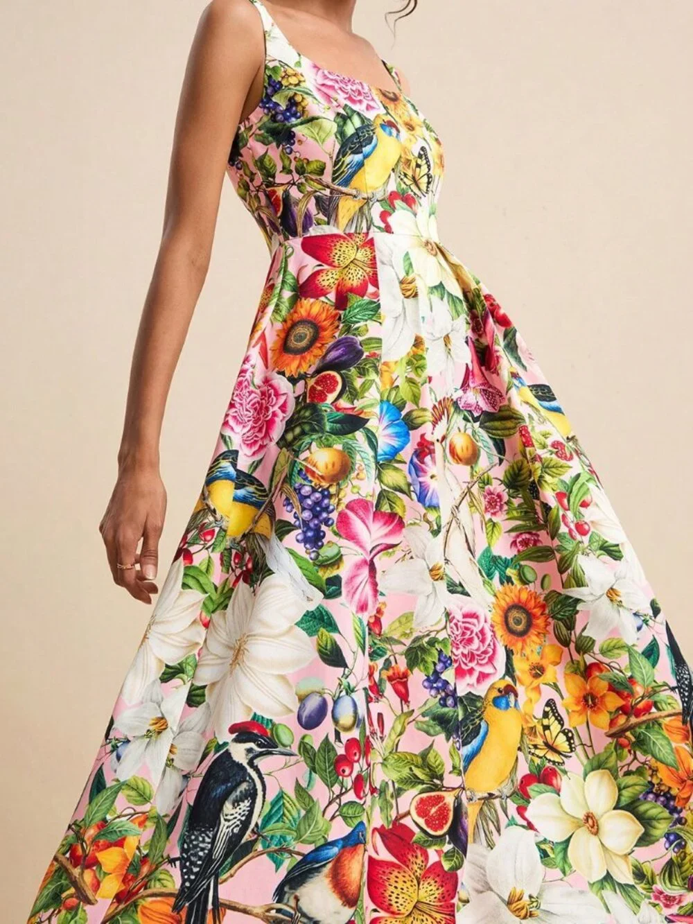 Pink Boho Women's U-Neck Spaghetti Strap Waist Flared Tropical Print Dress - Picture 5 of 8